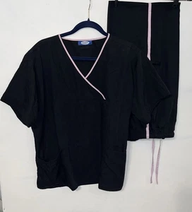 Scrub Set 2 Piece Factory Uniforms Women’s Size XL Black With Pink Trim - Picture 1 of 14