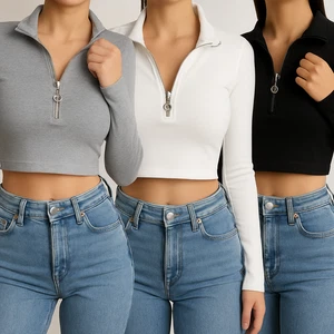  kurzarmiges Oberteil mit Reißverschluss Pullover schmale Passform Shirt Weste Bluse mit Kragen Hals - Bild 1 von 19