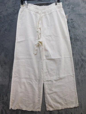 Pantalones Vanilla Star para mujer grandes blancos de lino rayón bolsa de papel cintura pierna ancha recortada Foto 1 de 4