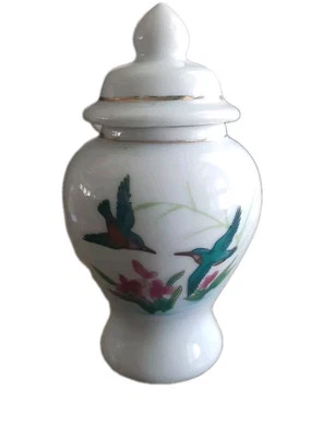 Vintage Small White Ginger Jar 4"  Chinese Jar & Lid With Birds & Pink Flowers - Image 1 of 4