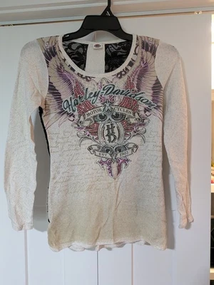 Harley Davidson Cristales Alas Damas BLING & LACE Manga Larga Grande Beige  Foto 1 de 4