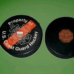 LOT 2 RARE 1942 -1950 GAME PUCK & U.S. COAST GUARD PUCK MADE IN USA ๐บ๐ธ VINTAGE - Picture 1 of 19