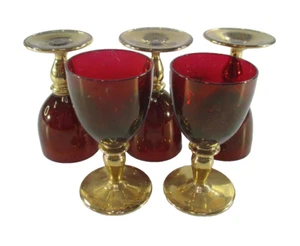 Stemmed Liqueur Red Gold Glasses 7.5cm Tall 4cm Diameter Holds 25ml Good Cond - Picture 1 of 13