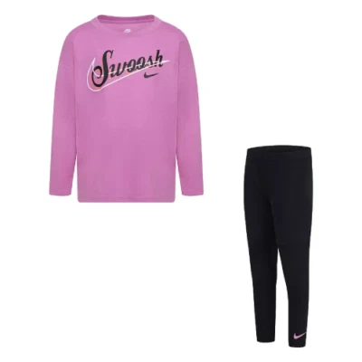Nuevo Conjunto de Camiseta y Leggings Gráficos Manga Larga Brillo Nike "Swoosh" Niñas Pequeñas Foto 1 de 4