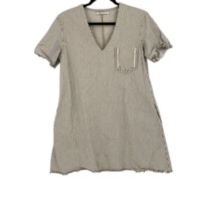 Mini Vestido Alexander Wang Beige Negro Rayas Manga Corta Flecos Talla 4 Foto 1 de 4