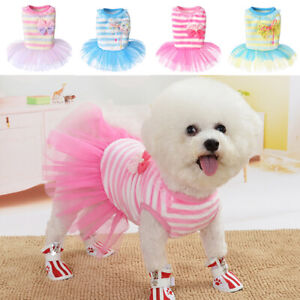 Pet Dog Bow Dress Summer Lace Stripe Vest Skirt Chihuahua Puppy Cat Clothes