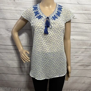 Under Skies Bluse Small halbtransparent blau neongrün bestickt Blumen Boho Chic - Bild 1 von 13