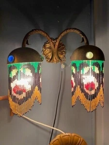 Antique French Art Nouveau Wall Lamp – Brass & Glass with Beaded Curtains –20th - Picture 1 of 4