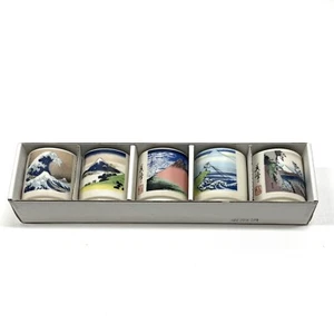 Set of 5 Japanese Scenes Sake Porcelain Mini Cups w/ Box - Picture 1 of 4