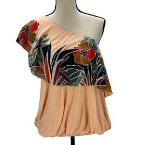 Free People One Shoulder Floral Ruffle Detail Blouse - Peach Pink - size Large - Picture 1 of 9