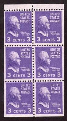 Scott #807a Thomas Jefferson Complete Booklet Pane of 6 Stamps - MH - Image 1 of 2