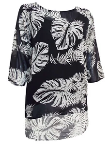 BLACK Plus Size Palm Leaf Printed Chiffon Overlay Top - Size 16 to 26 - Picture 1 of 2