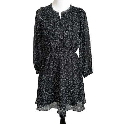Mini vestido Madewell para mujer con volantes y cuello talla pequeña negro punteado enredaderas manga larga Foto 1 de 4