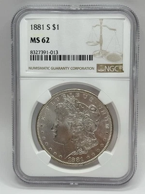Dólar de plata Morgan 1881 S $1 NGC MS62 hermosa media luna tonificada Foto 1 de 4