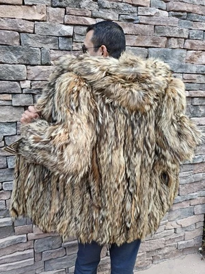 CHAQUETA CON CAPUCHA ABRIGO DE PIEL TANUKI JAPONÉS NATURAL MAPACHE GENUINO PARA HOMBRE TALLA M Foto 1 de 4