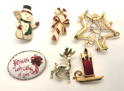 LOTE DE COLECCIÓN DE 6 PRENDEDORES BROCHE VACACIONES NAVIDAD ESTRELLA BASTÓN DE CARAMELO VELA MUÑECO DE NIEVE CIERVO Foto 1 de 4