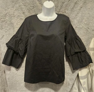J Crew Mercantile Blouse Black Ruffle Puff Sleeve Poplin Top, Cotton, Sz 2, XS - Picture 1 of 8