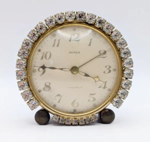 Vintage 1960s Semca Clock Clear Rhinestones 7 Jewels Alarm Swiss Made Keeps Time - Picture 1 of 9