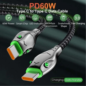USB Type-C to Type C Cable PD 60W Fast Charge Braided Lead LED 1-3M For Samsung - Zdjęcie 1 z 12