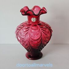 Vintage Fenton Cranberry Glass Vase Drape Pattern Ruffled Top 7.5"H Orig.Sticker