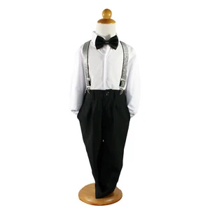 Baby page Boys 4pcs Formal Wedding smart suit black pant+Shirt+Bowtie+brace - Picture 1 of 18