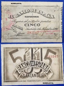 Banco de España SANTANDER. 5 Pesetas año 1936. ESCASO N.º 283547. MUY ACEPTABLE. - Imagen 1 de 1