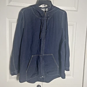 Chicos Jacket Womens 2 Blue Linen Hooded Full Zip Pockets Casual Lightweight - Picture 1 of 13