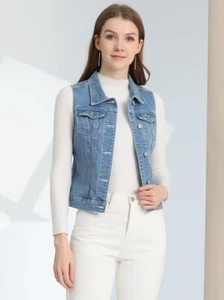 X-Small Allegra K Women's Buttoned Washed Denim Vest Jacket W Chest Flap Pockets - Picture 1 of 7