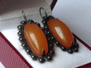 Vintage 875 Silver & Natural Amber Earrings Women's Jewelry 7.02gr Perfect Gift - Picture 1 of 8