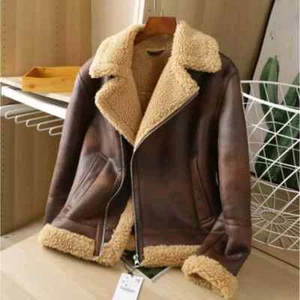 Herren Distressed Braun Bomber Flieger Fell Echt Lammfell Leder Jacke Mantel - Bild 1 von 9