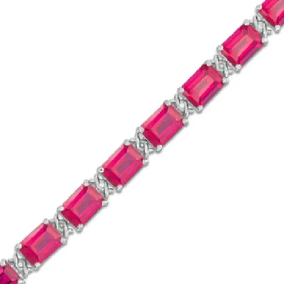 Emerald Cut Ruby & White Cubic Zirconia Women's Bracelet In Argentium Silver  - Image 1 of 4