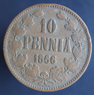 Moneda original de 10 peniques 1866 Finlandia / Rusia KM #5 - #A03 Foto 1 de 3