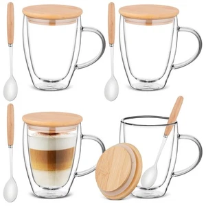 Glass Coffee Mugs with Handle Set of 4 12Oz Clear Coffee Mug with Bamboo Lids... - Picture 1 of 6
