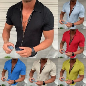 Tee Men Tops T Shirts Short Sleeve Collared Zip Breathable Casual Blouse Fashion - Picture 1 of 22