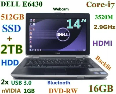 DELL Latitude E6430 i7-2.9GHz (512GB SSD + 2TB) DVDRW 16GB 14" NVIDIA Backlit - Image 1 of 4