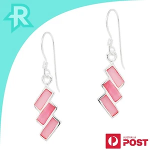 Triple Slanted Rectangle Coloured Shell Sterling Silver 925 Hook Earrings - Picture 1 of 10