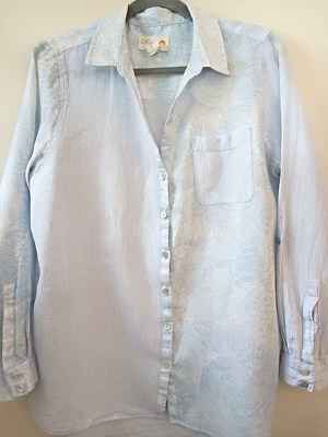 C&C California Sz L 42" Light Blue & White 100% Linen Blouse Mix Prints Tunic - Image 1 of 4