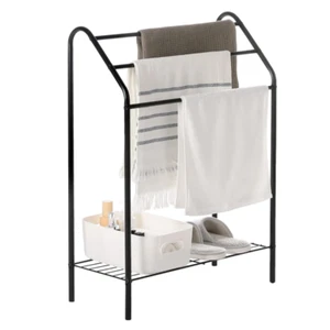 Black Metal Freestanding Towel Rack with Storage Shelf, Bathroom Towel Stand - Picture 1 of 7