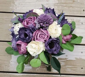 Purple White Bridal Bouquet Sola Wood Bride Wildflower Lavender Wedding Flowers - Picture 1 of 12