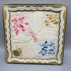 Vintage Swiss Styled 3 Lovely Handkerchiefs Set of 3 Embroidered Floral Design - Picture 1 of 8
