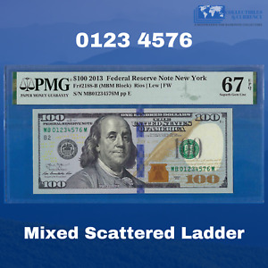 2013 FRN $100 One Hundred Dollars New York, Mixed Ladder Serial 01234576, PMG 67