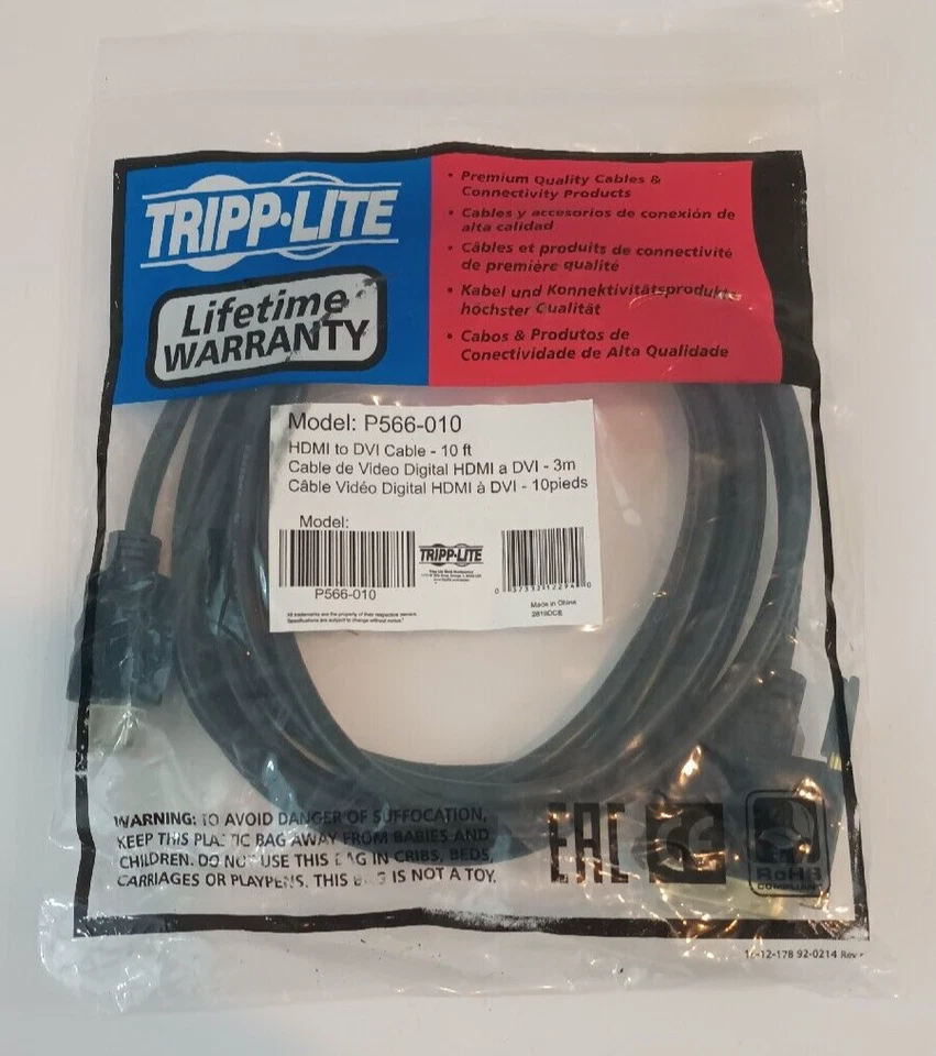 NEW Tripp Lite P566-010 Gold Digital Video Cable 10ft HDMI to DVI P566010 - Image 1 of 4