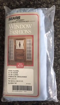 Vintage Sears Curtains Window Fashions Double Rod Pocket Panel Royal Blue LT NOS - Image 1 of 3