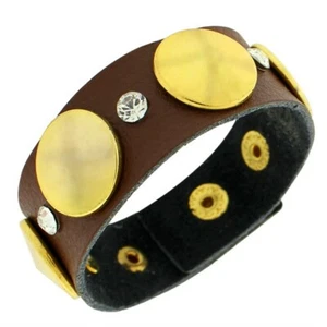 Faux Brown Leather Yellow Gold-Tone White CZ Wristband Wrap Bracelet - Picture 1 of 4