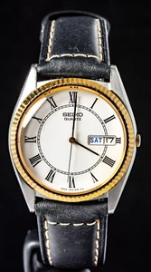 Seiko Fluted Bezel Tow-Tone White Roman Men's Quartz Watch-- Working, Ø36mm Case - Picture 1 of 7