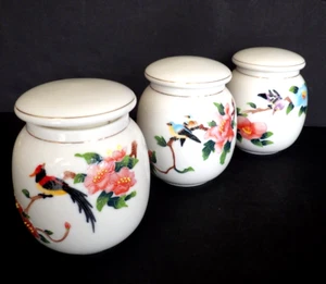Teavana Fine Porcelain Botanical Bird Motif Small Tea Jars With Lids Set of 3 - Picture 1 of 24