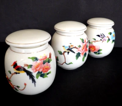 Teavana Fine Porcelain Botanical Bird Motif  Small Tea Jars With Lids Set of 3 - Image 1 of 4