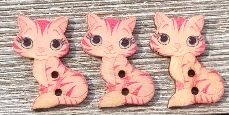 3 Pink Kitten Cat Sewing Buttons Crafting Wood 2 Hole 1"  - Image 1 of 2