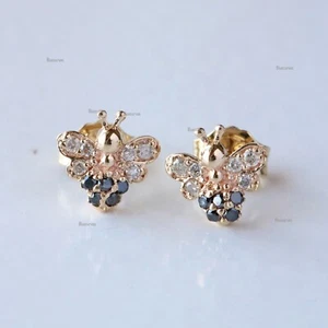 New Solid 14k Yellow Gold Natural Black Diamond & SI Clarity Diamond Bee Studs - Picture 1 of 6