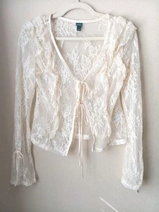 Wild Fable Sheer lace Front Tie blouse S Coquette Cottage core ruffle top - Picture 1 of 4